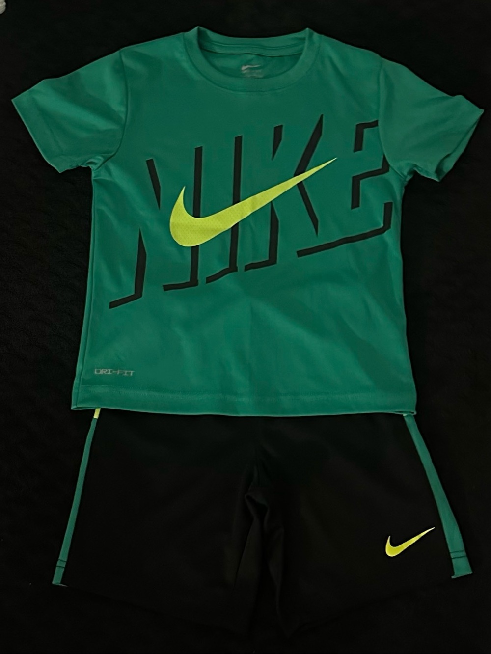 Nike Green Tee with Neon Yellow Swoosh & Black Shorts